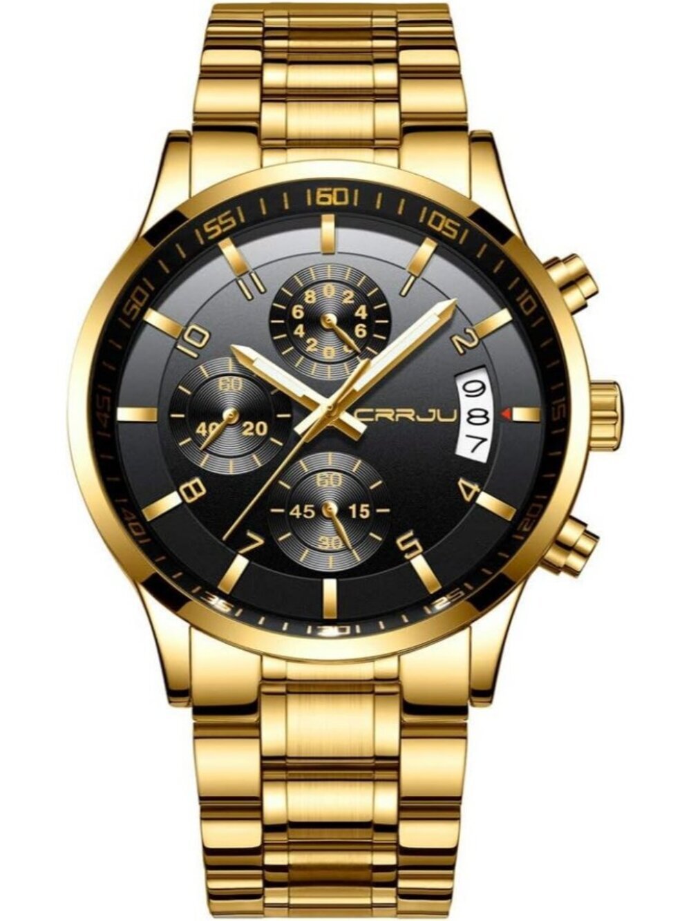 Mens Gold Black Analog Quartz Stainless Steel Waterproof Chronograph Wrist Watch
